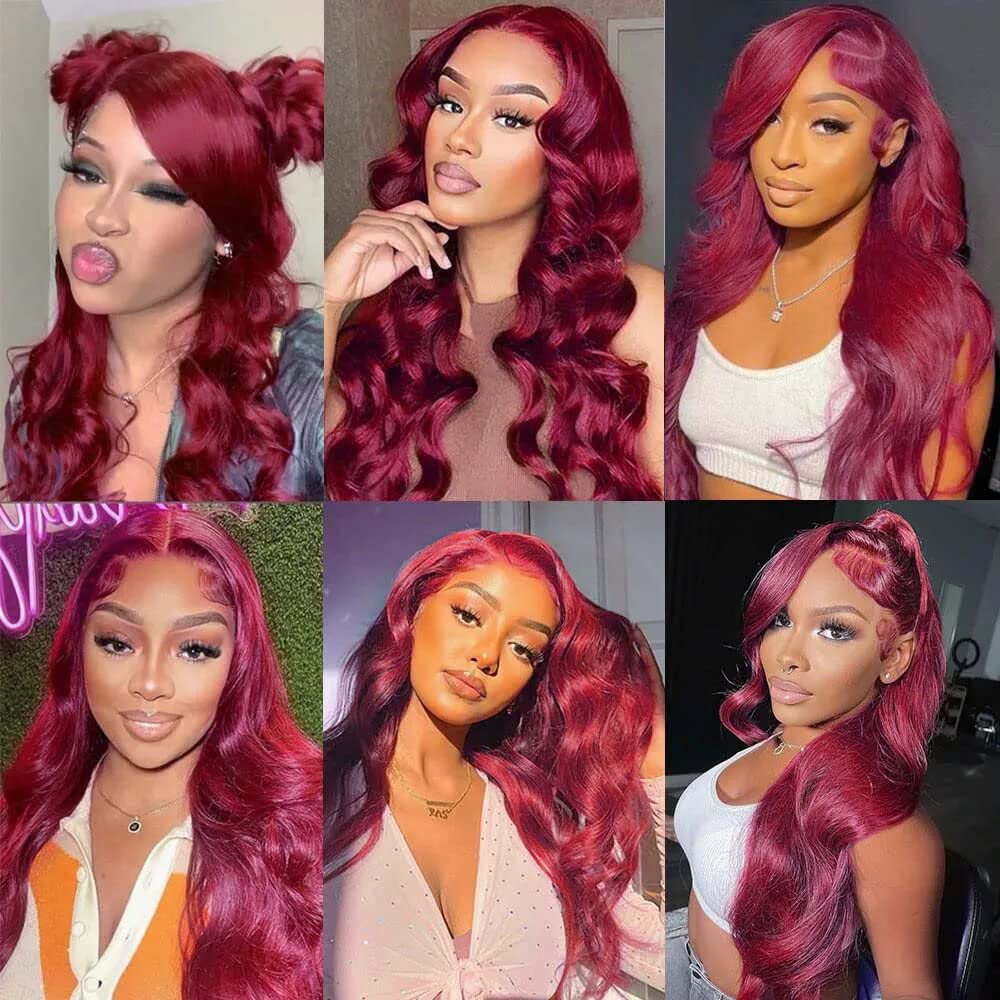Burgundy Lace Front Wigs Human Hair 180% Density 99j 13X4 Body Wave Lace Front Wigs for Women Red Wigs Pre Plucked with Bleached Knots Natural Hairline