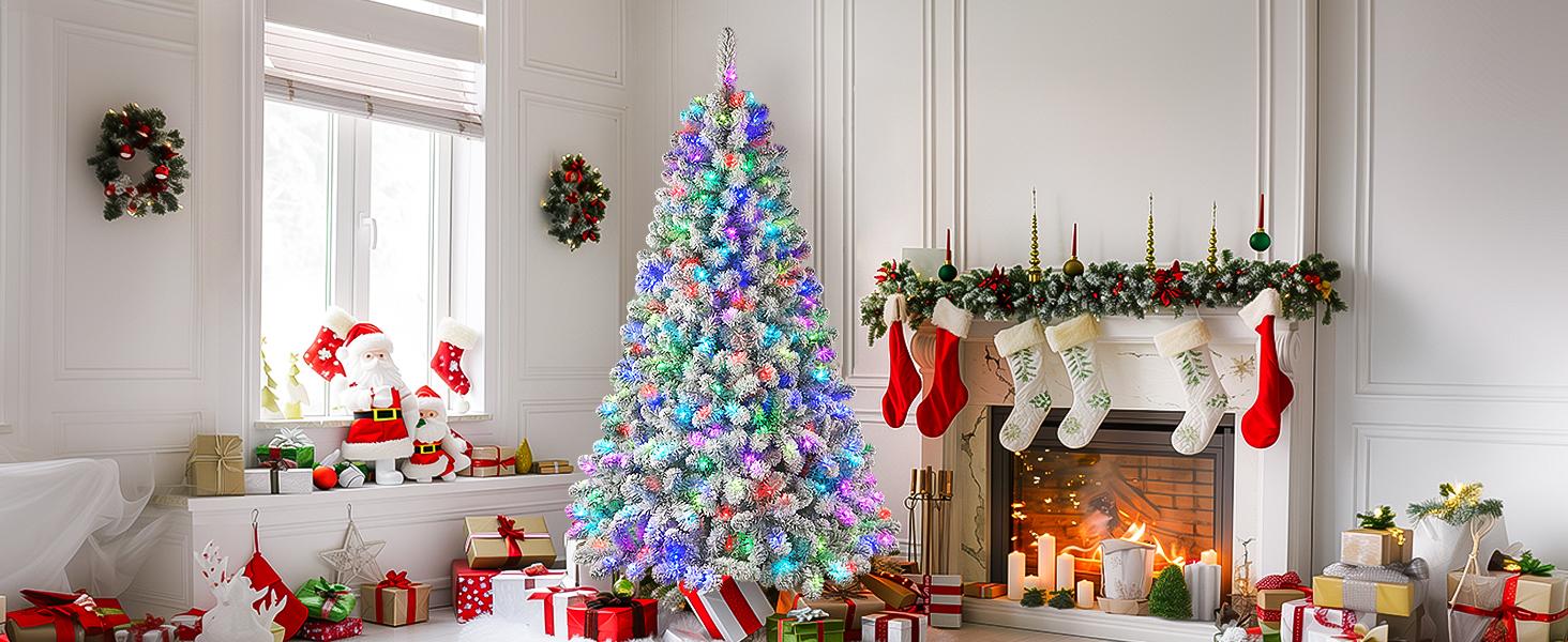 2025 Upgraded 4/5/6/7/7.5/9/12FT Snow-Flocked Christmas Tree with Prelit Multi-Color RGB Christmas Lights and Full, Snow-Covered Branches