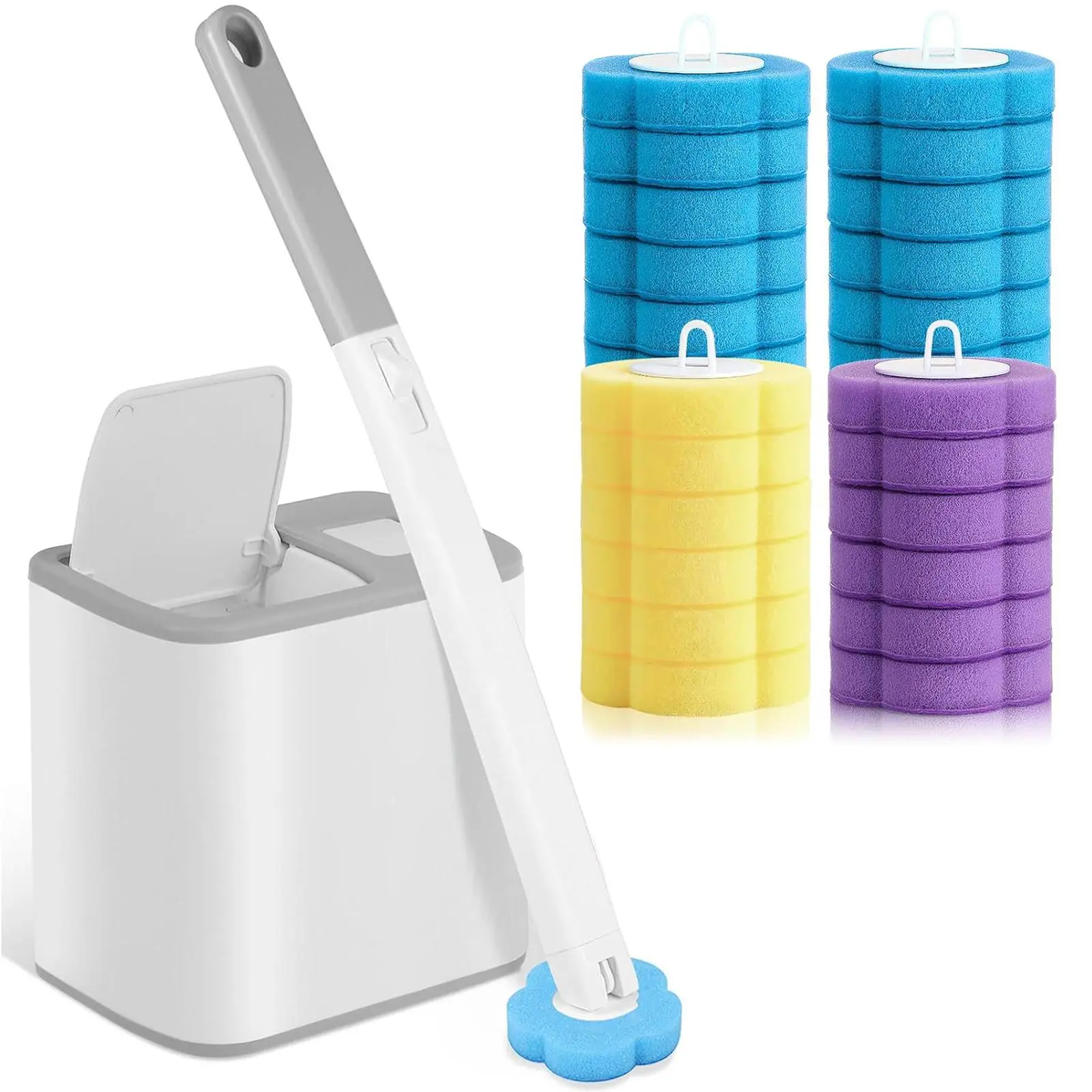 Automatic Toilet Cleaner System - Wall Mounted White Plastic Base with Earless Gold Rim, 15.7" Preloaded Blue Core Handle, Disposable Wand, Multi-Scent Detergent Refill Packs, Secure No-Drip Home Care Supply for Bathroom Cleaning (Toilet Bowl Cleaners)