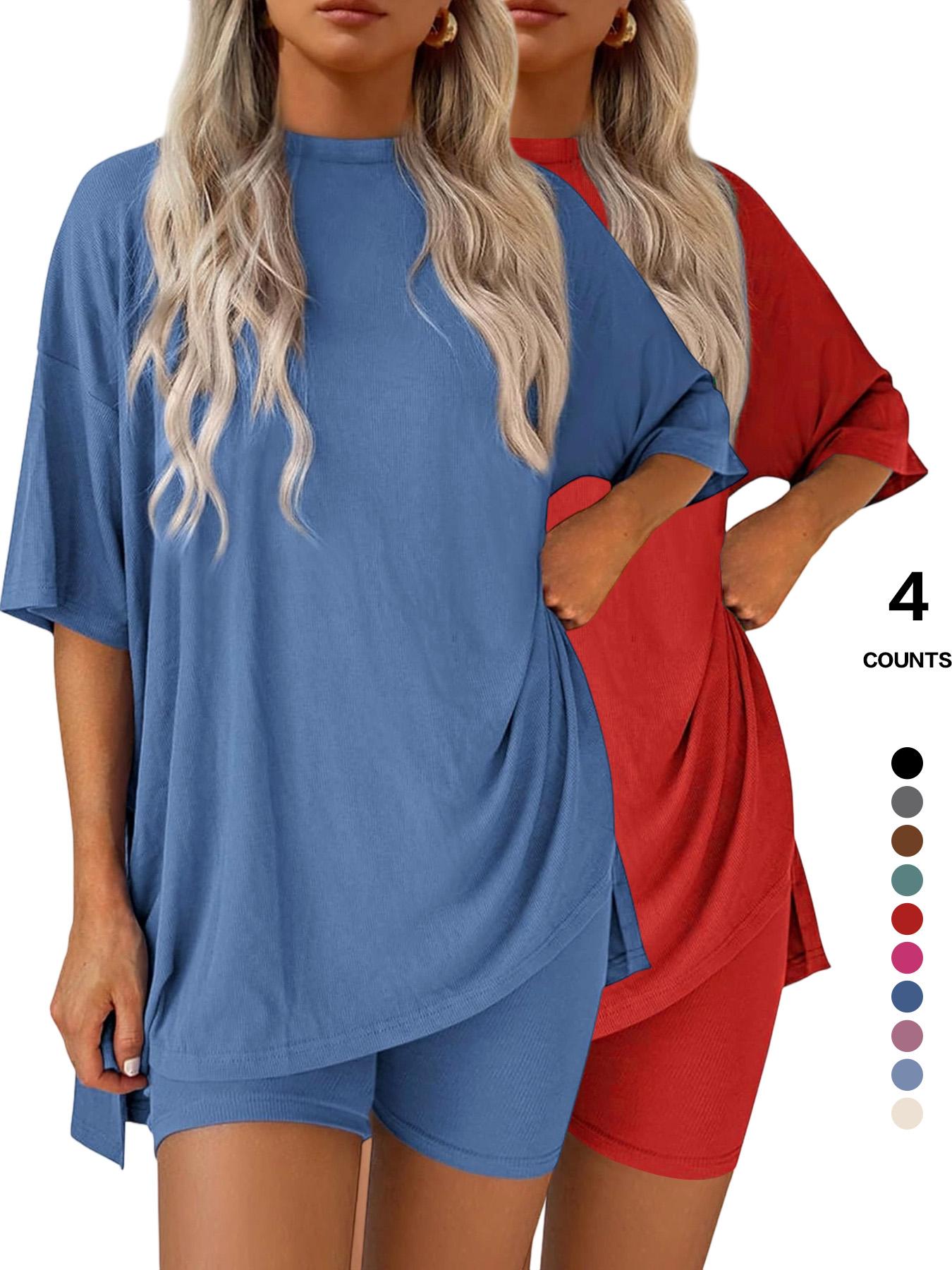 Women's Solid Color Tee & Skinny Elastic Shorts Loungewear Set, Comfortable Round Neck T-Shirt & Shorts, Perfect for Summer Sleepwear