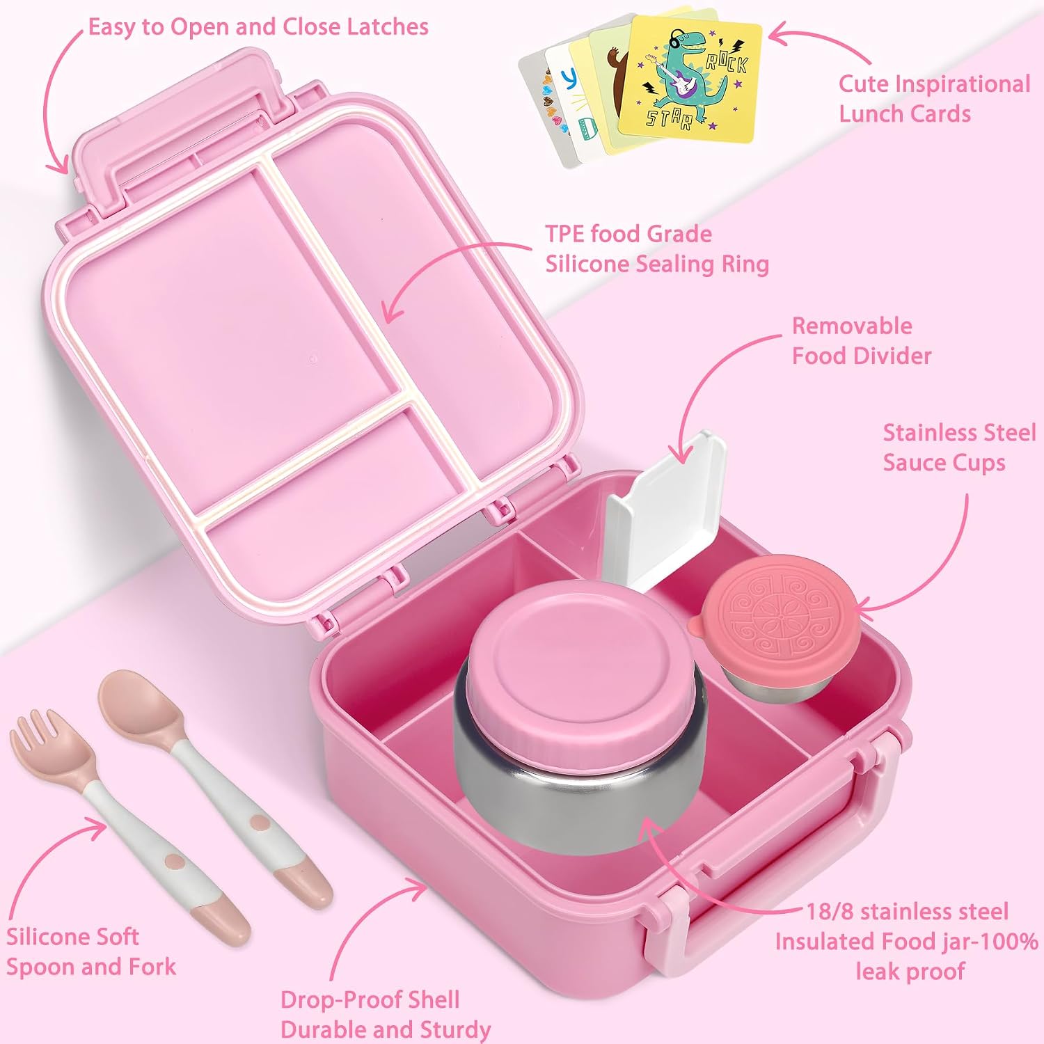 Bento Lunch Box with 9oz Soup Thermo Leakproof Lunch  Containers 4 Compartment with Insulated Hot  Jar for   Girls Boys to School, Trvael