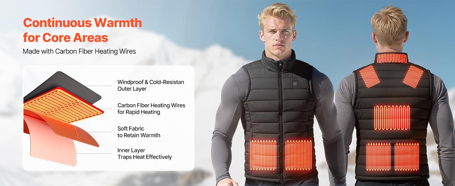 VEVOR Mens Thermal Soft Heated Male Vest, 16000 mAh Battery Pack, 8 Heating Zones, Lightweight Rechargeable Winter Menswear, 3 Levels, for Outdoor Hiking Camping, Size L