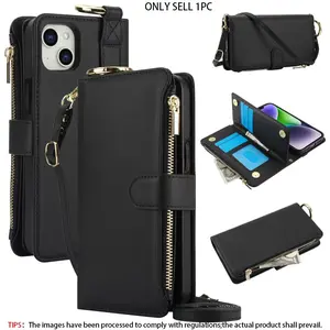Crossbody card bag, multifunctional wallet, Protective, Accessories, flip cover zipper with hanging rope, phone case for Apple iPhone 17 Pro Max, 17 Air, 16, 15 Pro Max, 14Plus, 13Pro, 12Pro, Anti-theft brush card insertable wome, Casing, Phone Pouch