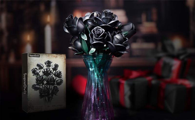 Supreowls Black Rose Flower Bouquet Building Set, Black Rose Eternal Flower Botanical Collection Blocks Kit Compatible for Adults Women, Artificial Flowers Gothic Decor for Valentine's Day & Halloween & Christmas Gift