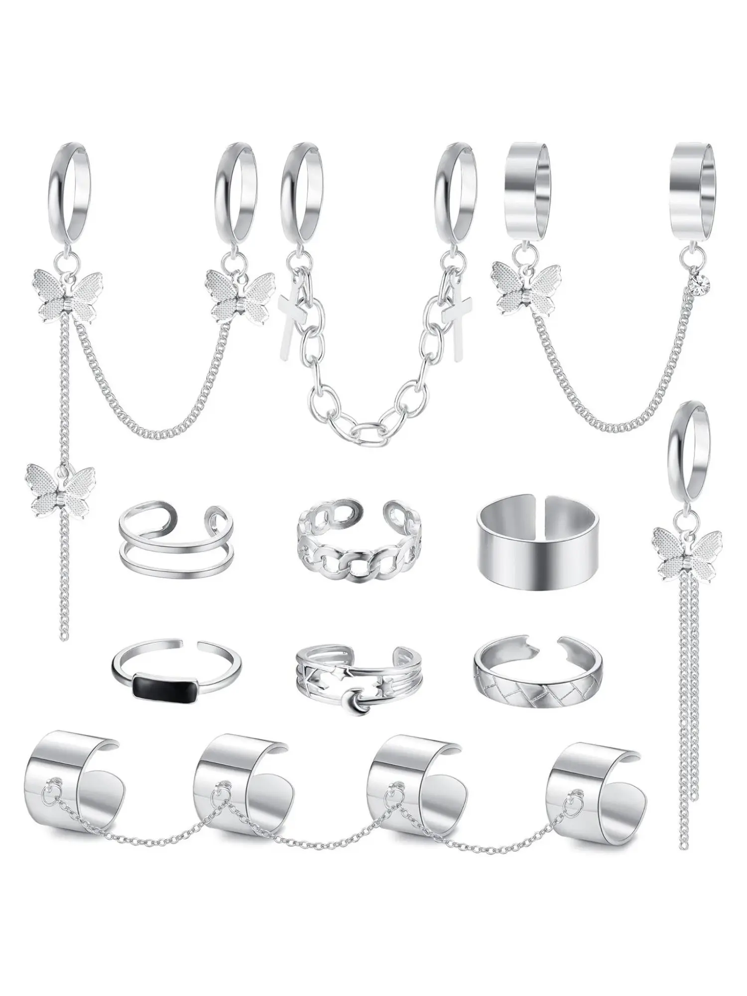 11PCS Chain Finger Rings Set for Women Men Vintage Goth Open Rings with Chains Cross Punk Knuckle Adjustable Stackable Rings