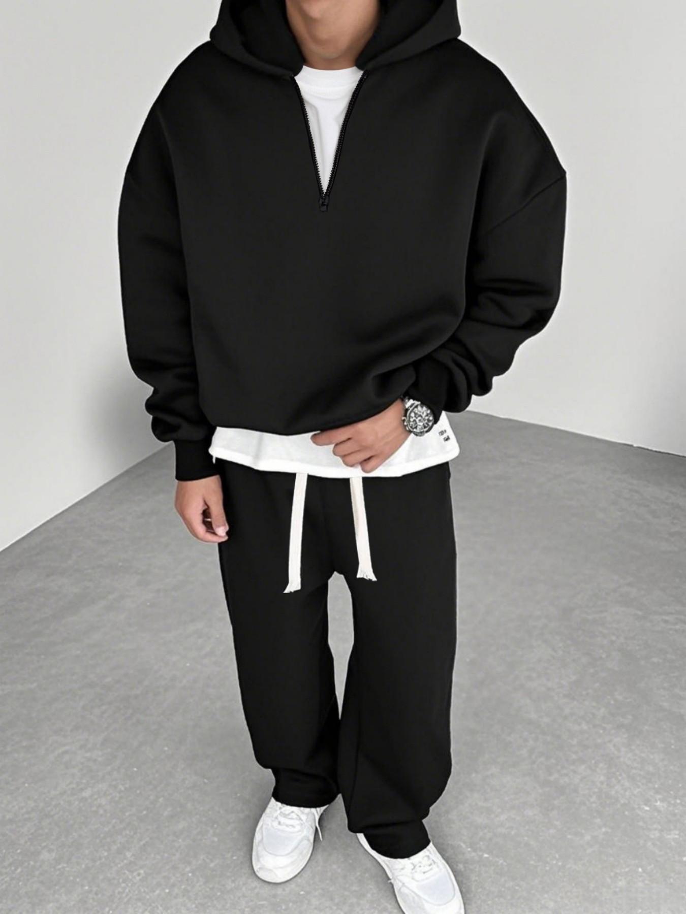 Men's Light Blue Half-Zip Hoodie & Sweatpants Set, Heavyweight Oversized Loungewear, Casual Jogger for Spring & Fall, 9 Colors