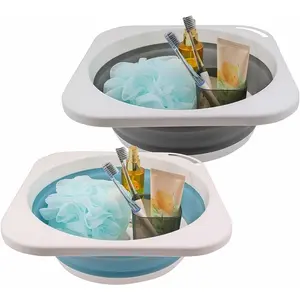 2 Pack Portable Folding Wash Basin, 1.4 Gallon Lightweight Collapsible Sink, Camping Dish Tub, RV, Travel, Space-Saving and Easy to Store (Grey+Blue, 2 Pack)