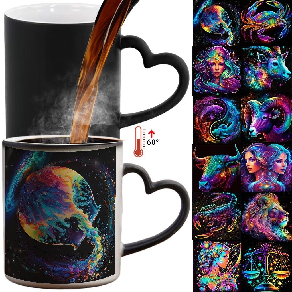 1pc Twelve Zodiac Signs Magic Color-Changing Mug with Heart-Shaped Handle & 12 Constellation Design - Temperature-Sensitive Cup, Coffee Mug, Coffee Mugs, Stylish Drinkware