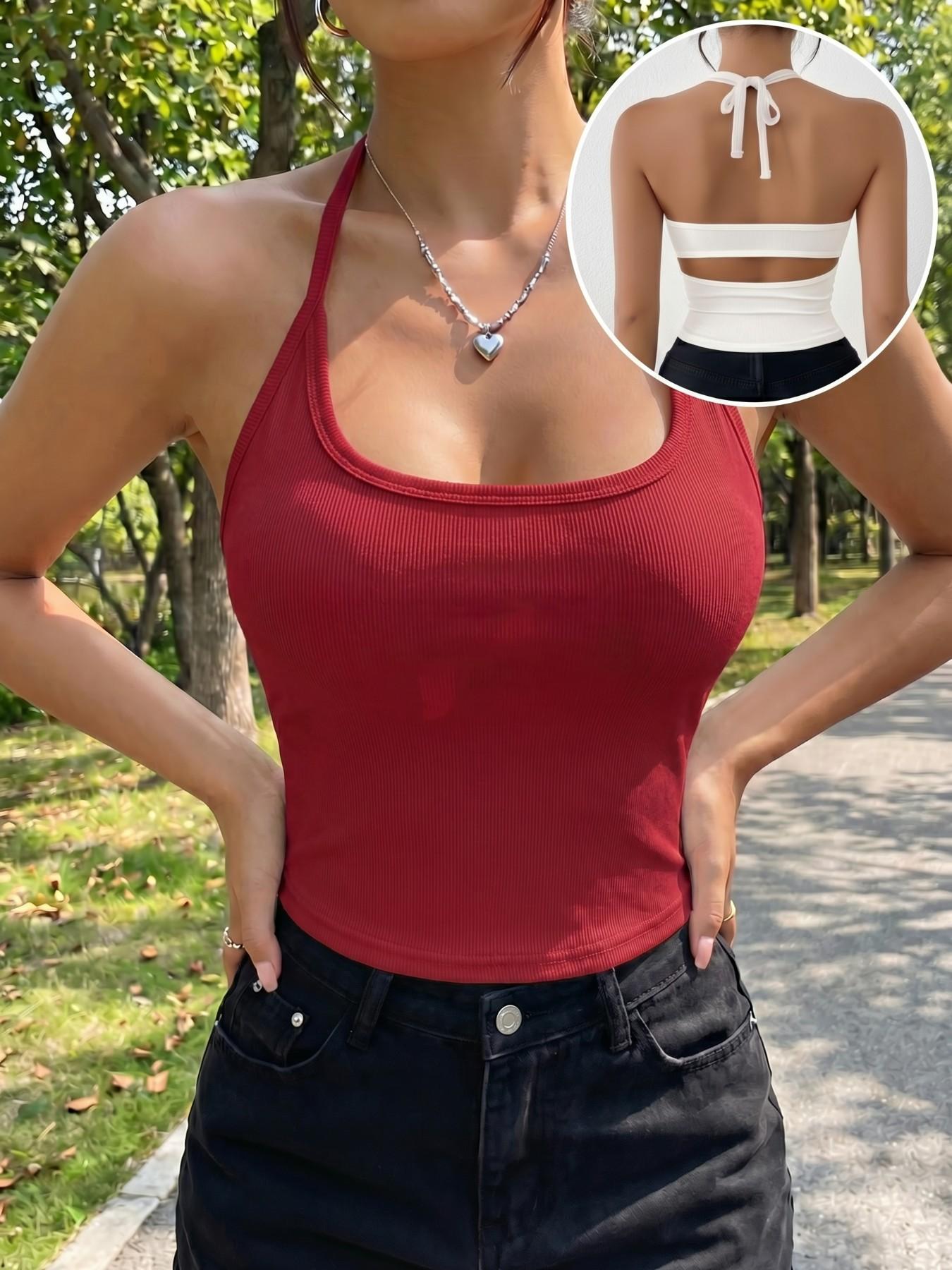 Women's Halter Neck Backless Crop Top, Tie-Up Back Ribbed Camisole, Slim Fit Sleeveless Tank for Summer, Streetwear & Date