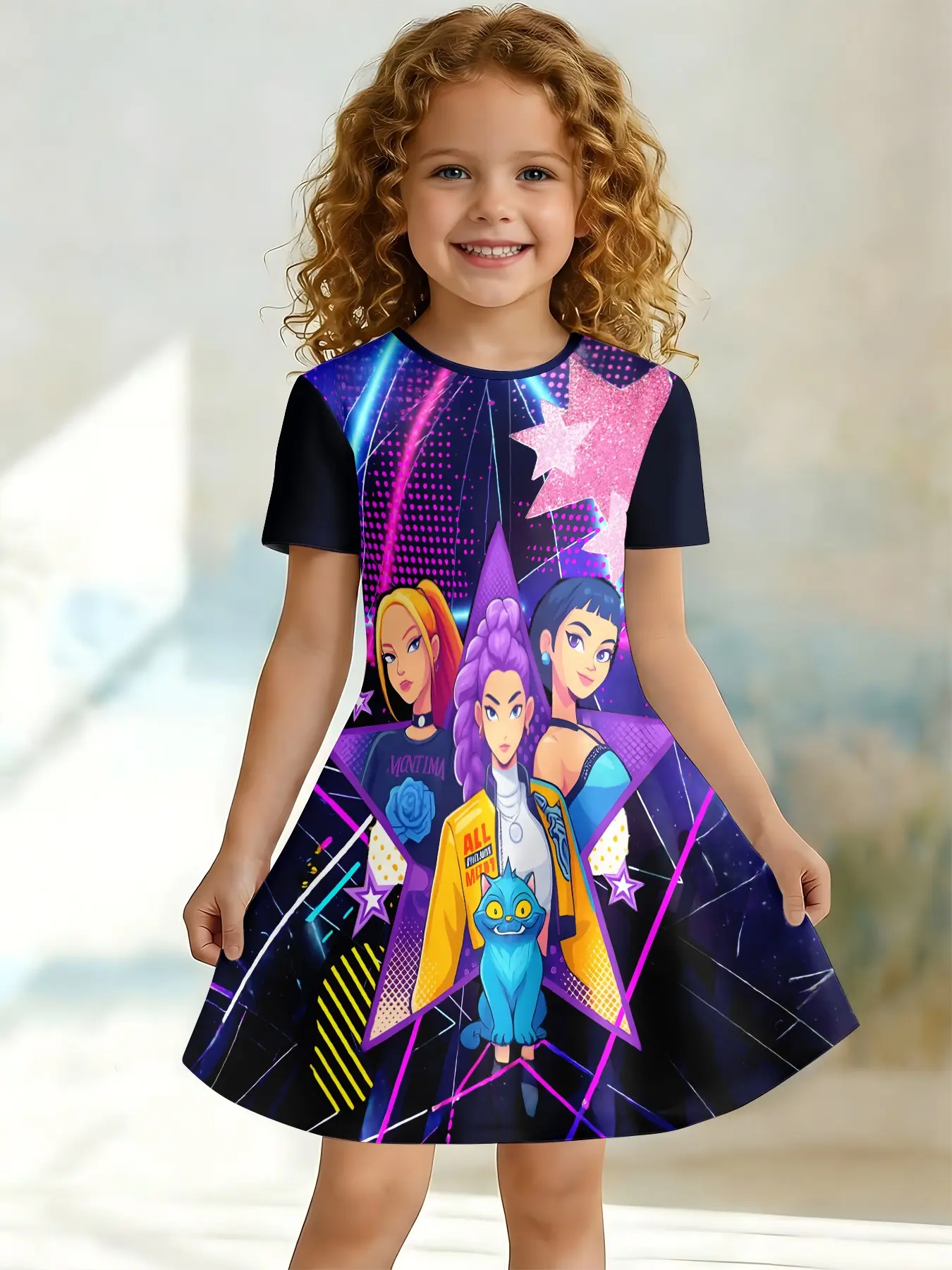 Cyber Neon Huntrx Girl Group Dress, Graphic Print Dress, Anime Full Print  Children Short Sleeve A-Line Skirt, Casual Fitted Asymmetrical Design,  Summer Printed Dress - TikTok Shop
