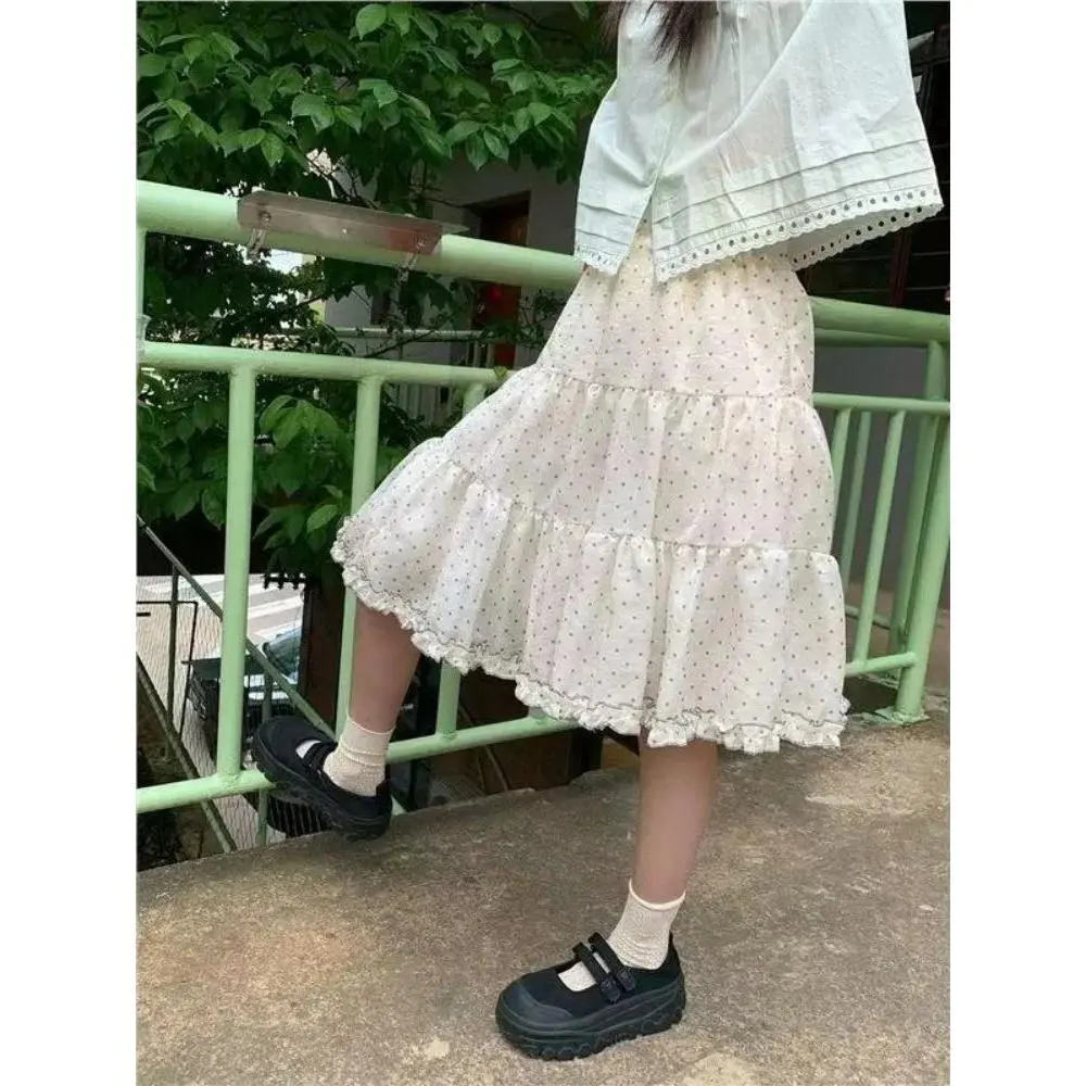 Retro Cottagecore Midi Skirt Ladies Floral Patchwork Lace Ruffle Skirt Elastic High Waist Skirt Summer Vacation Outfit Fashion