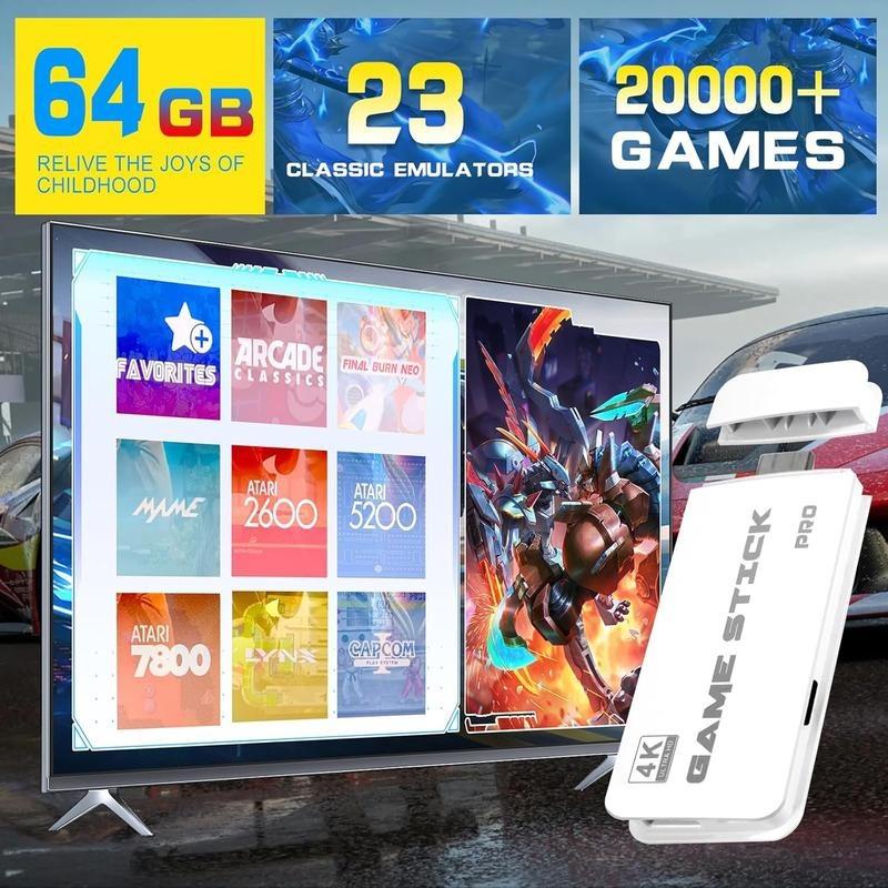 Wireless retro game console, retro game stick with over 20,000 games, 23 emulators, 64GB, Wireless Gaming Console, Retro Game Stick Pro with dual 2.4GHz wireless controllers, plug-and-play TV video games