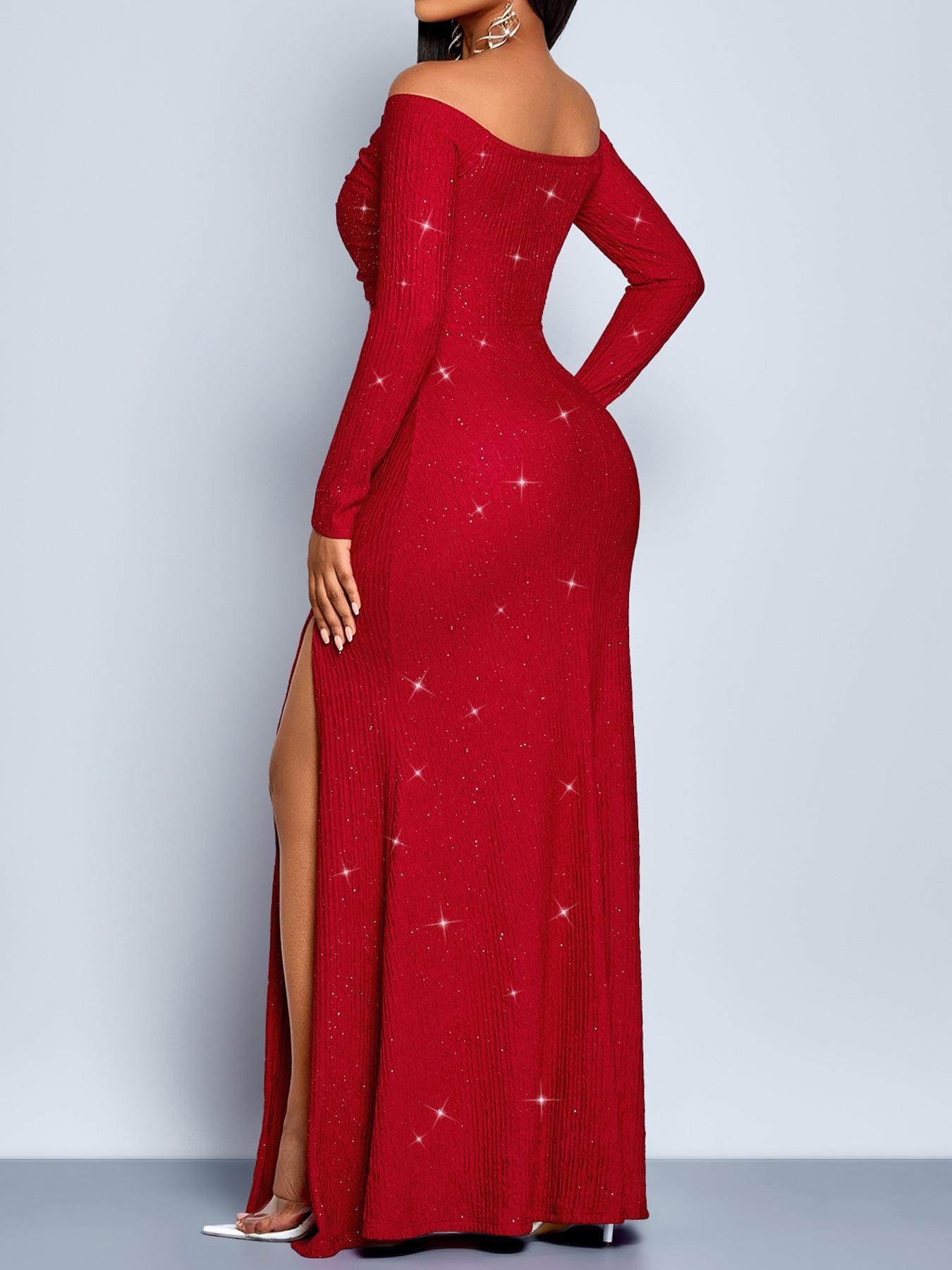 Aliling Christmas Dresses Women's Elegant Long Sleeve Ruffle Dress, Shoulder-Exposed Plain Design, Slim Fit Fall & Winter Fashion, Super Long A-Line Style