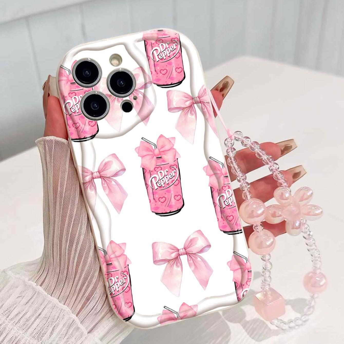 Drink Bow Strap Pattern Tpu Wave Edge Anti-Drop Phone Case for Apple iPhone 17 Pro Max/16/16 Pro Max/11/13/14/15, Girl's Gift