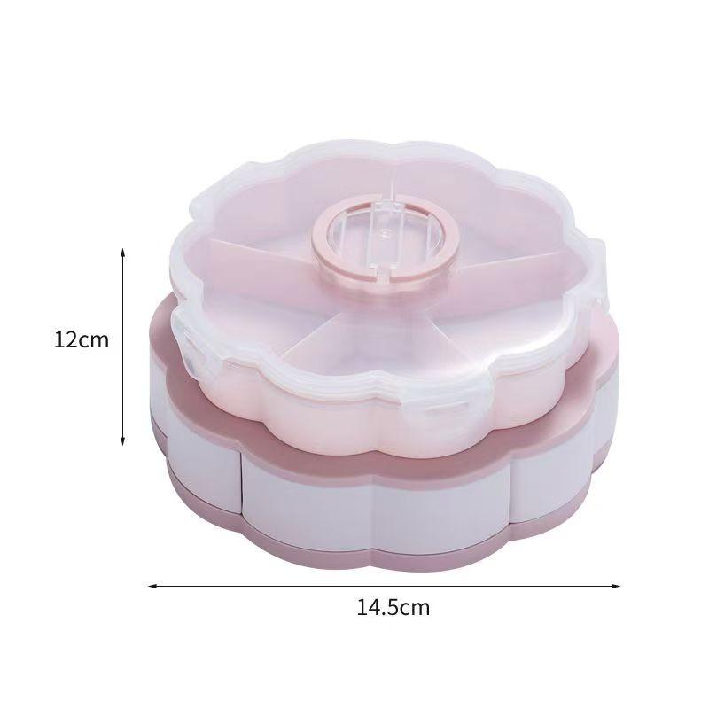 Rotating Divided Snack Tray - a Rotating Compartmentalized Food Storage Box with Multiple Sections, Featuring a Lid for Storing Snacks Like Chips, Nuts, Dips, And Vegetables