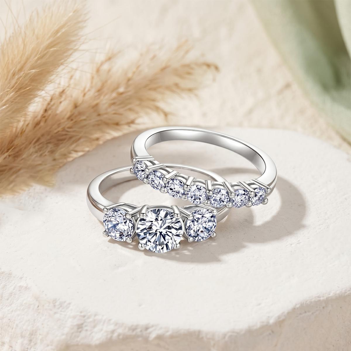CENLEAR Female Stunning Ring Set - Women's 18K Gold-Plated Lab-Grown 2-Carat 3-Stone Stackable Fine Moissanite Wedding Rings Set for Engagement, Valentine's Day Gift