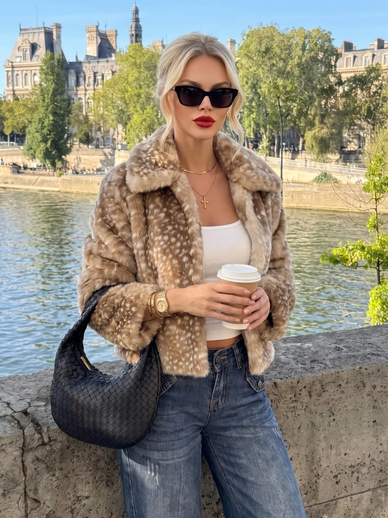 Vintage Style Deer Spot Faux Fur Short Coat for Women, Autumn Winter Turn-Down Collar Plush Short Jacket, Fashionable Atmosphere Dressing Outerwear
