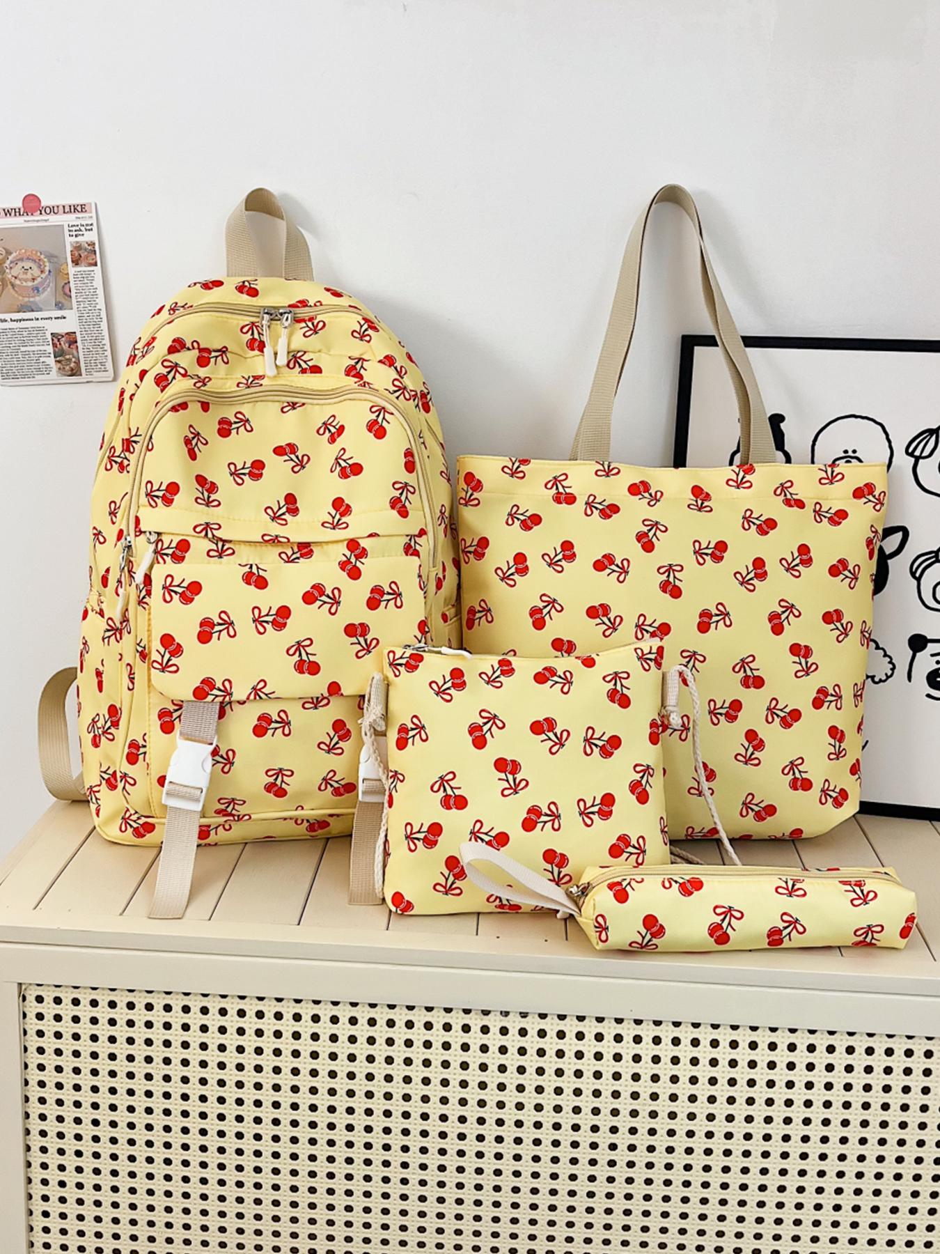 4pc  women's backpack solid color backpack cherry print fashionable and versatile casual trend suitable for students to go to school, campus, travel, shopping, multi-purpose women's backpack Stylish Casual Daypack
