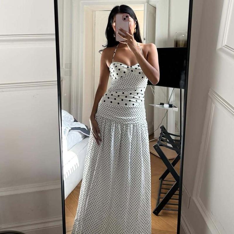 Women's Polka Dot Print Tie-neck Halter Dress, Bust Twisted Ruched Sleeveless Backless A-line Slip Dress, Party Club Date Holiday Beach Vacation Daily Casual Sweet Cami Maxi Long Dresses For Ladies Summer Fashion Clothes Wear