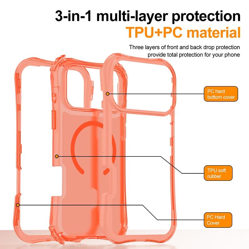 Armor 3IN1 PC+TPU Magnetic Charging Clear Case For iPhone 17 AIR 17 Pro Max Wrist Strap Shockproof Bumper Cover