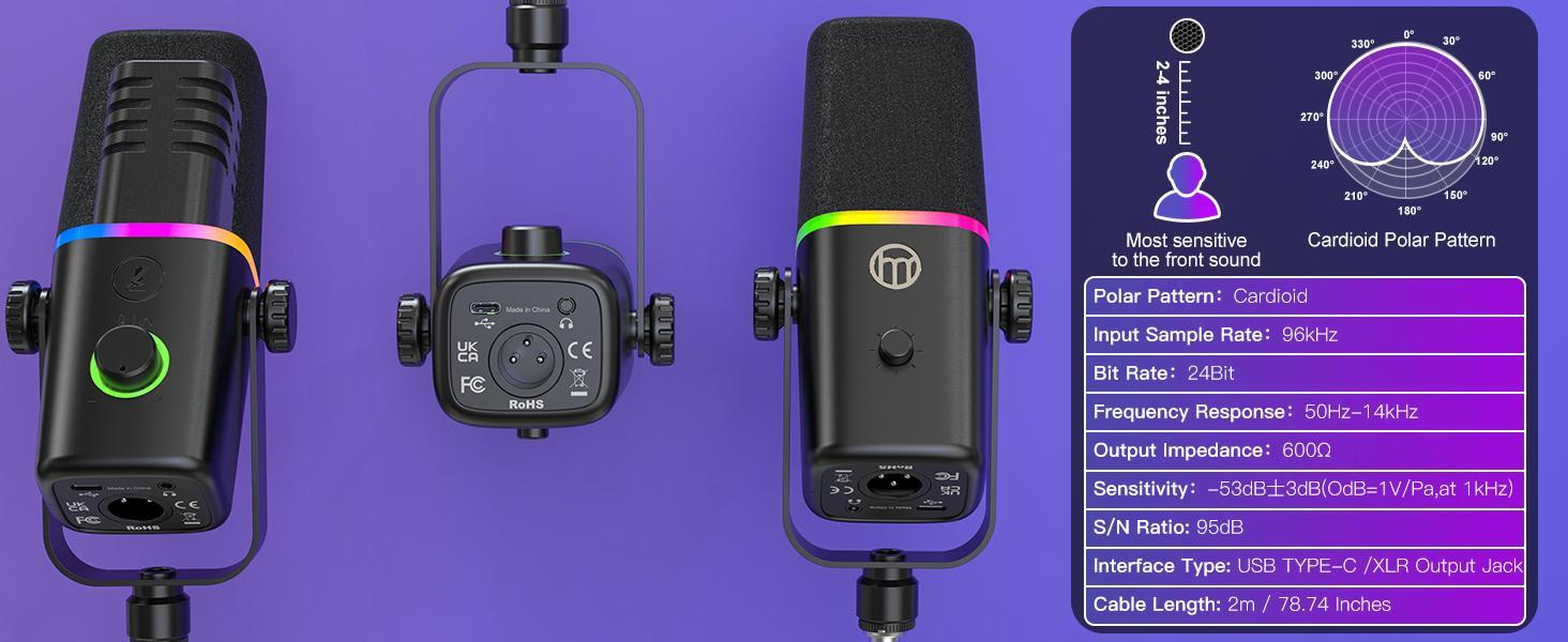 ZealSound XLR/USB Dynamic Microphone with Boom arm stand for Gaming Podcasting,Mic for iPhone Phone PC Computer laptop mixer sound card, live Streaming Mic with RGB Light,Mute Button,Mic Gain,Headphones Jack, Stand, Singing YouTube Smartphone Recording