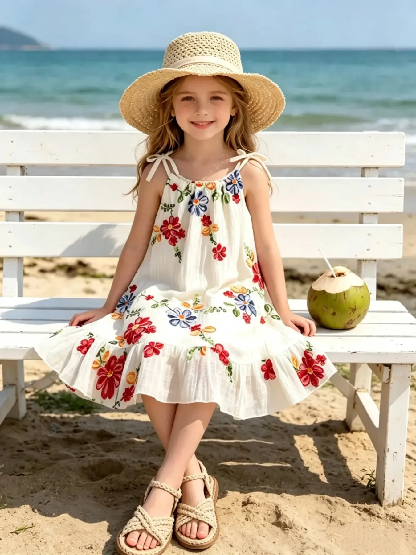 Girls' Summer Sleeveless Dress, Embroidered Floral Pattern, Knee-Length, Loose-Fit, Casual Style, Comfortable and Breathable, Ideal for Travel and Beach, Little Girl Dress