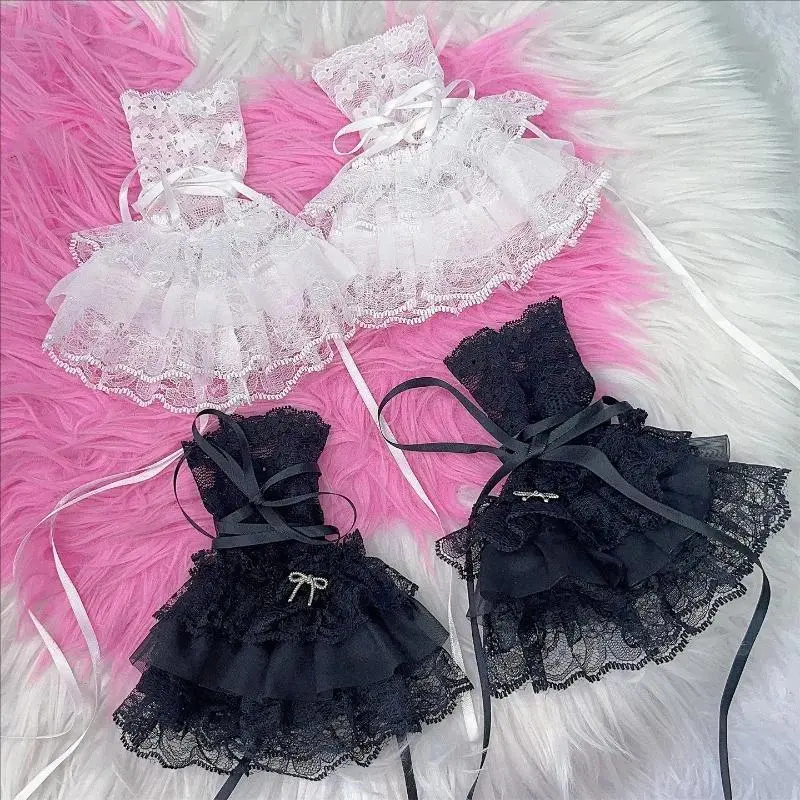 1pair JK Lolita Lace Sleeves Wristband Silk Ribbon Y2K Lace Wrist Cuffs Black White Ruffles Gloves Girls Cosplay Costume Props