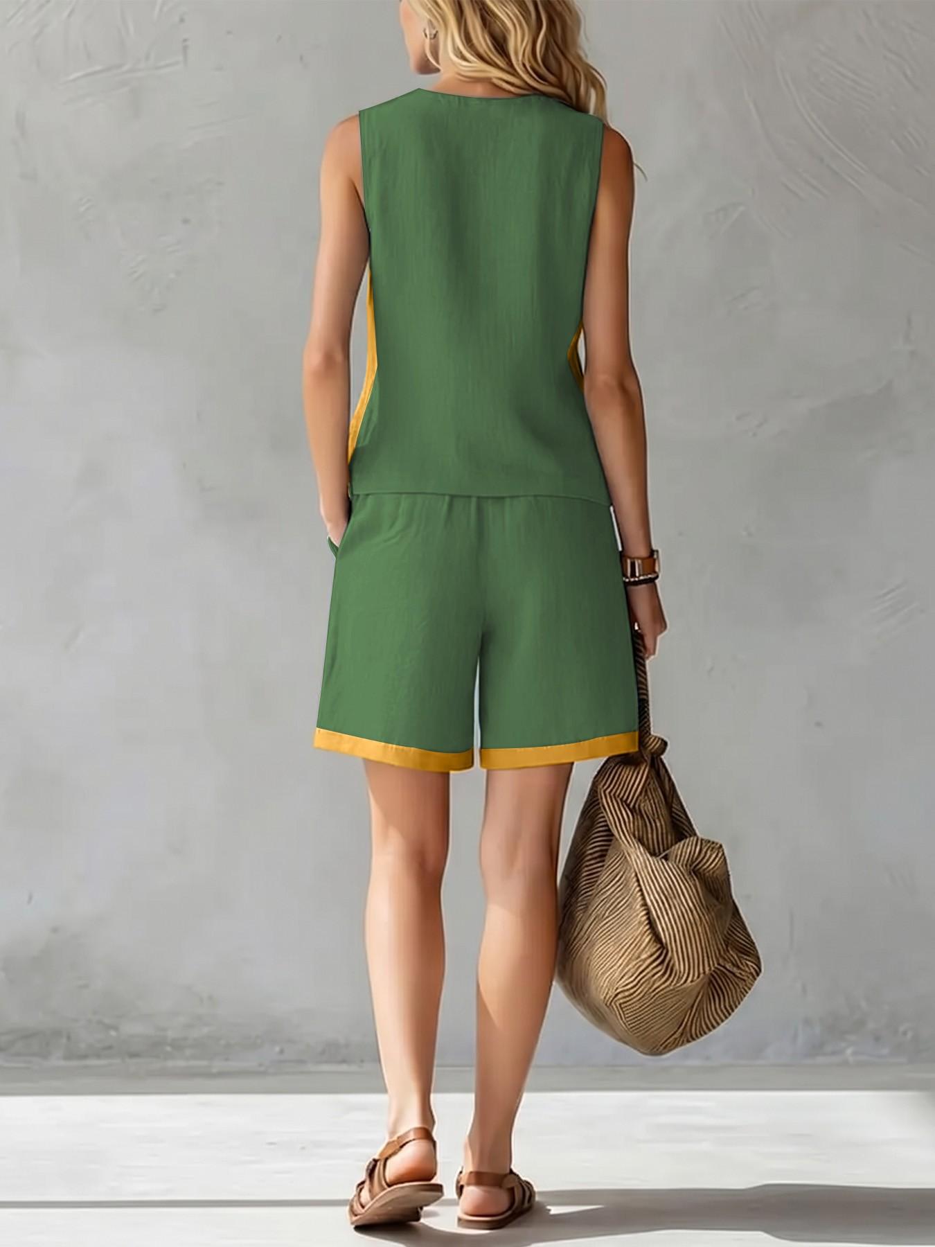 2026 New European and American Chic Style Sleeveless Colorblock Loose Top Wide Leg Pants Set for Women, Summer Casual Fashion Two-Piece Womenswear Clothes