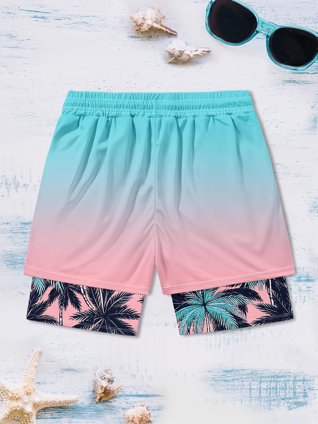 Men's Double-Layered Beach Shorts, Blue Gradient Coconut Tree Print, Quick-Dry Drawstring Waist, Summer Surfing Casual Shorts, Beach Swim Trunks