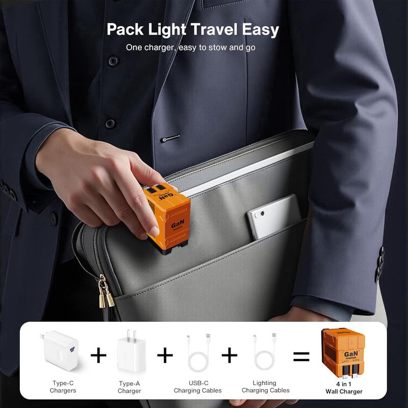 W&O GaN Charger(Type C/Lightning), Compatible with 120W Fast Charger, Retractable Wall Charger, Foldable Plug for iPhone, Fast Charging Power Adapter for Smartphone, Travel Universal Plug Fast Charging, Holiday Gift Tech