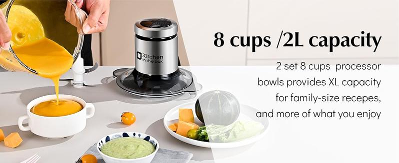 Kitchen in the box Food Processors 400W Small Electric Meat Grinder & Food Chopper with 2 Bowls & 2 Bi-Level Blades for Meat, Fish, Vegetable & Baby Food