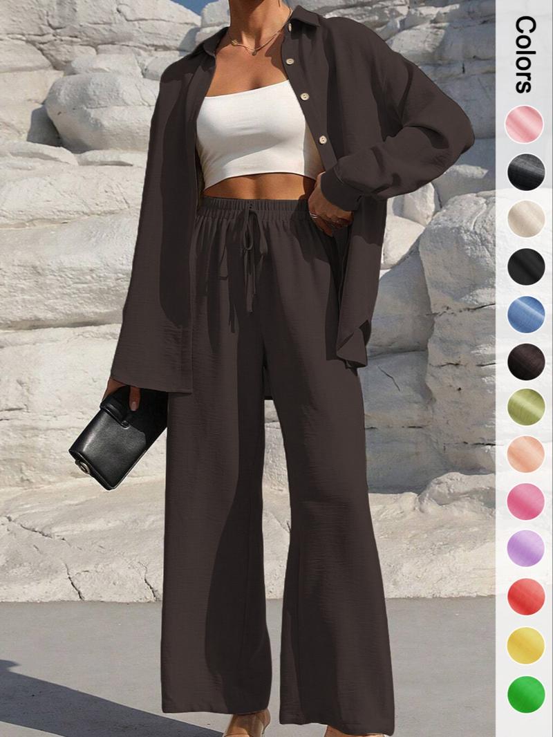 Women's Solid Button Front Shirt & Wide Leg Pants Set, Casual Two-piece Set, Women's Spring & Fall Clothes for Daily Wear, Casual Lounge Set