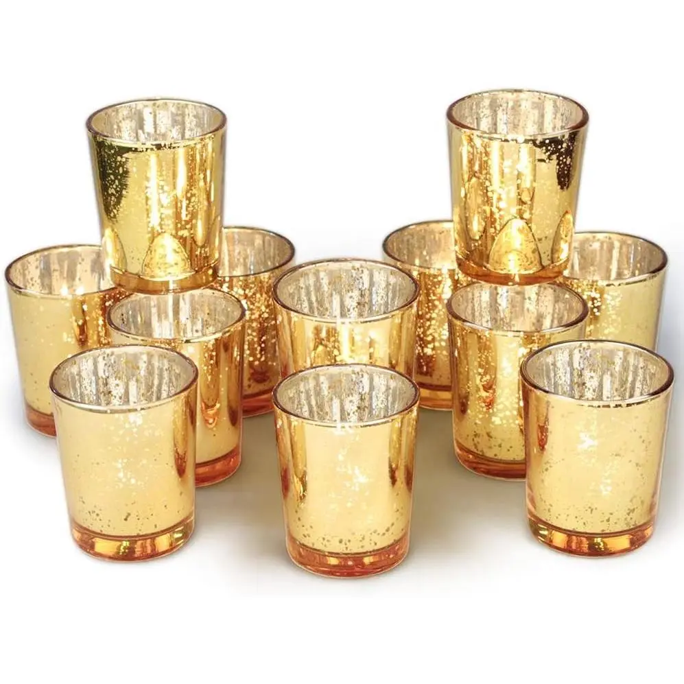 Gold Votive Candle Holders Bulk (12-Pack Mercury Glass Tealight Holders) - Kitchen & Home Decoration Accessory for Table Centerpieces, Wedding Gifts, Wall & Window Displays