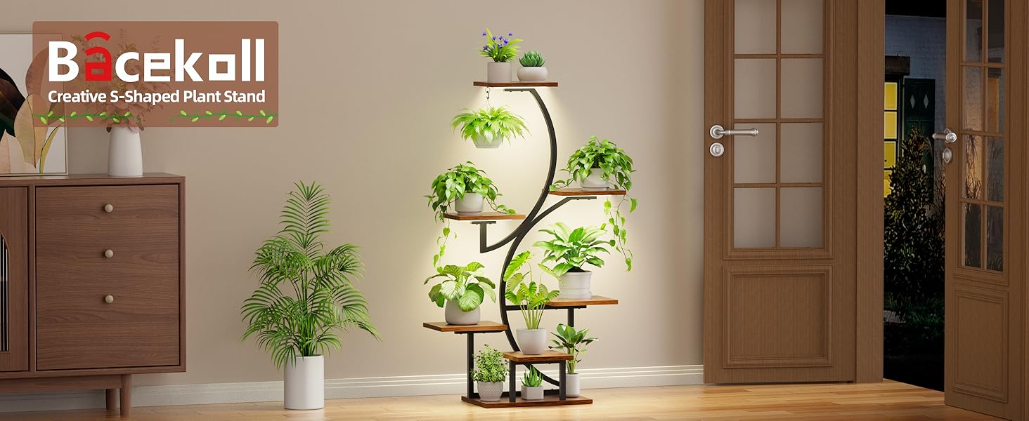 Plant Stand with Grow Lights, 44" 7 Tier Corner Shelf for Flower Display, S-Shaped Rack for Home, Living Room