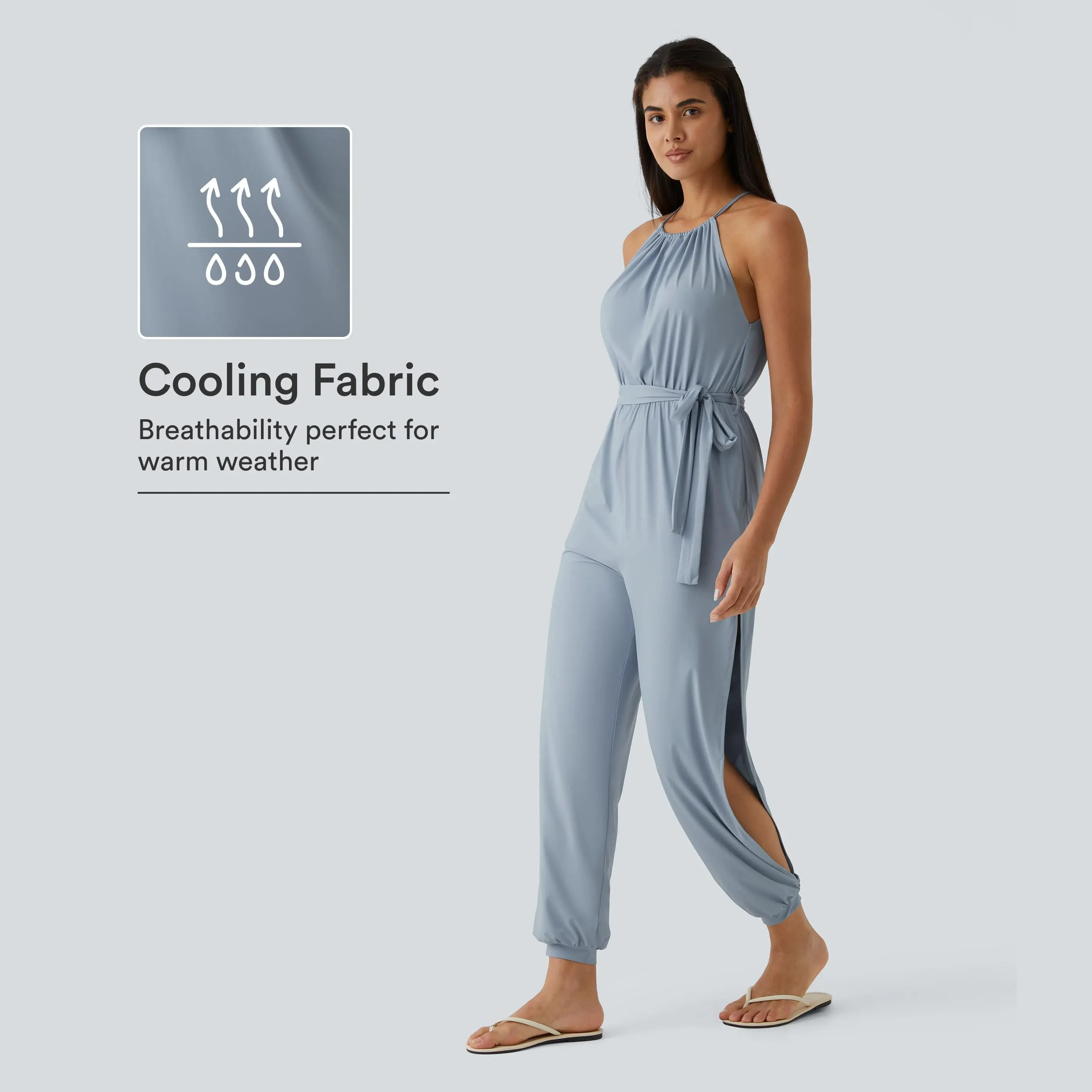 Halara Sleeveless Tie Back Belted Side Pocket Cut Out InstantCool Resort Jumpsuit-UPF50+