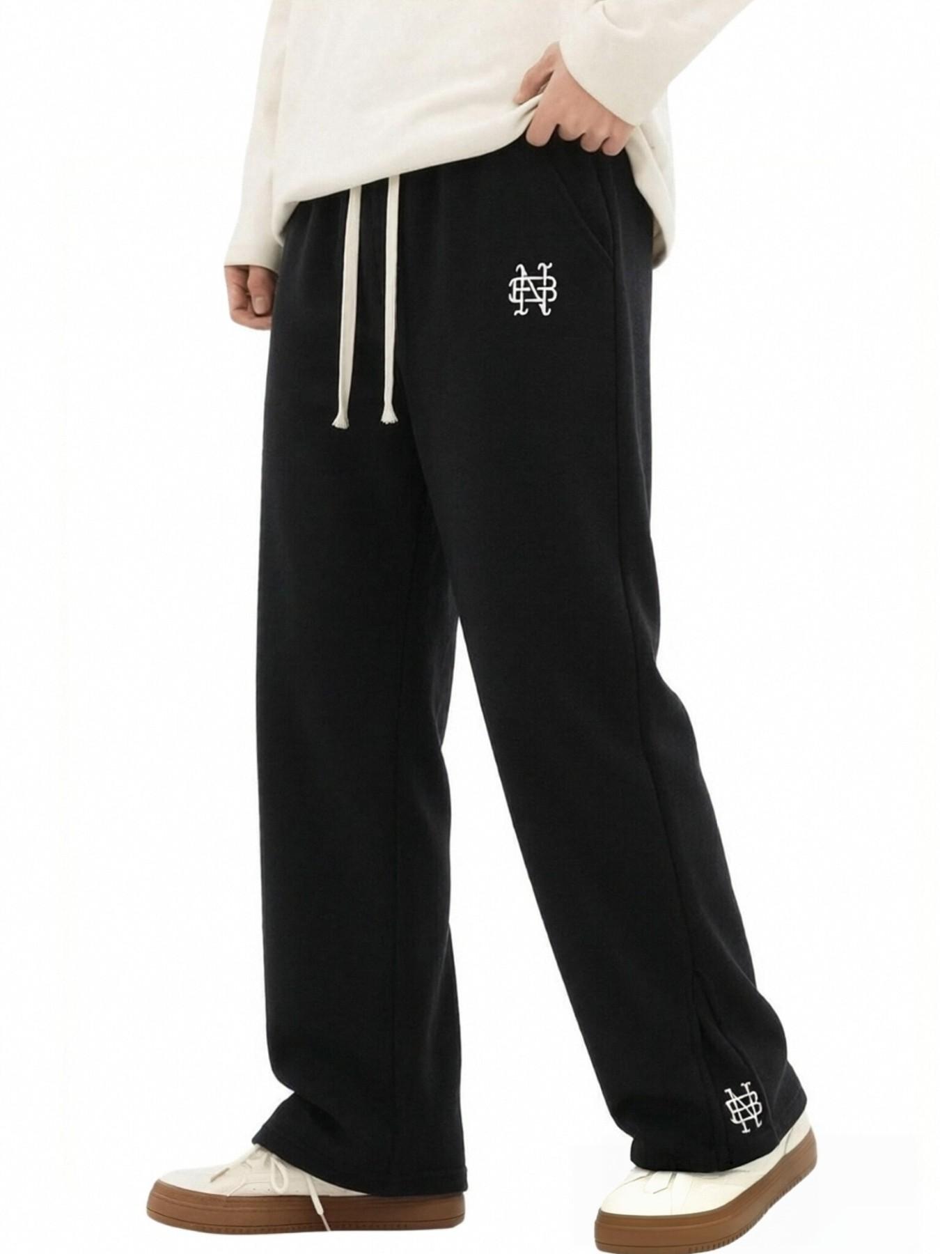 Men's Simple Embroidered Wide Leg Sweatpants, Loose Straight Drawstring Waist Sweatpants Sports Pants, Soft Casual Street Running Pants, Street Style Sweatpants, Fall Winter Wear