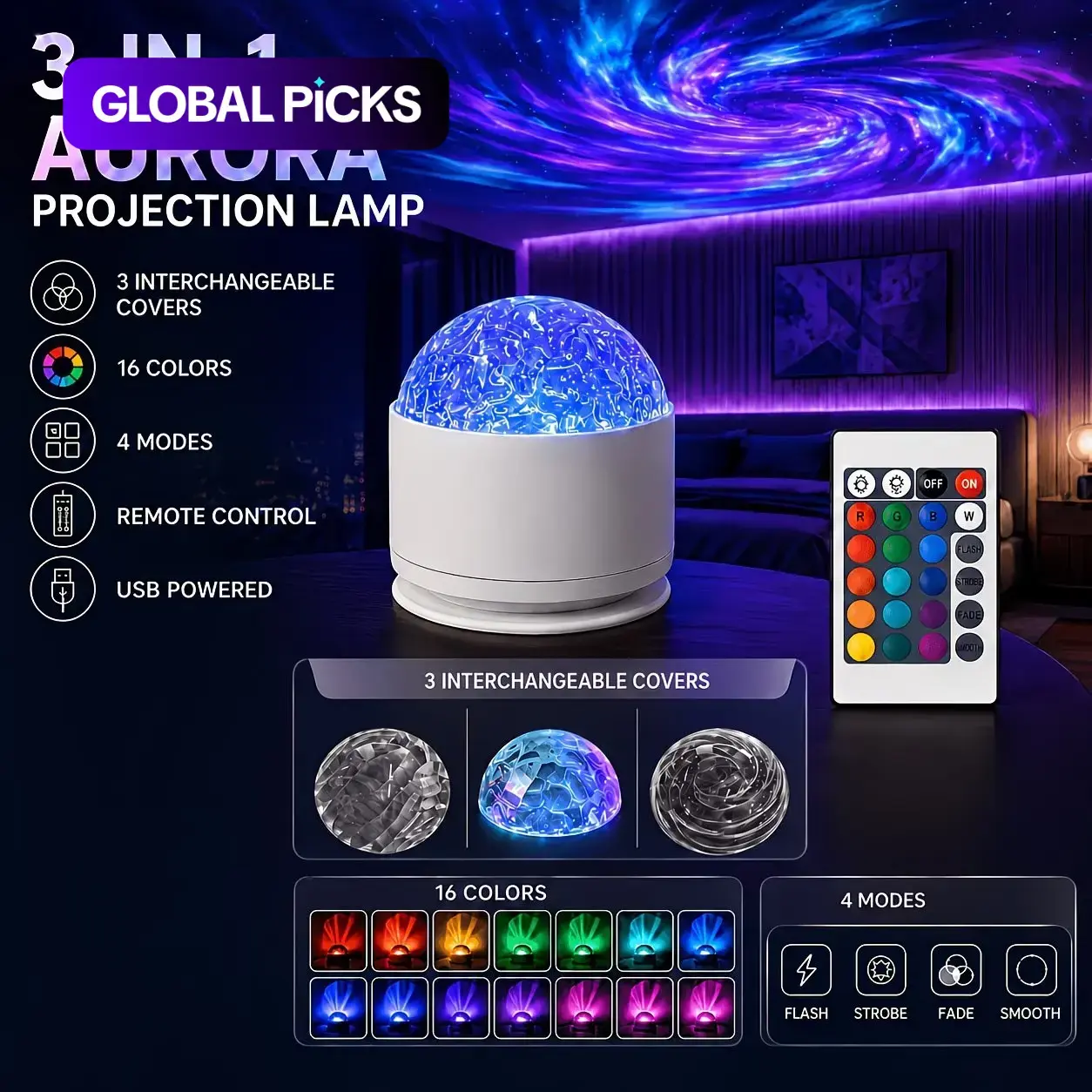 Aurora Projector Night Light, Starry Sky Projector, Starlight Projector, Dimmable Star Projector, USB-Powered RGB 16-Color Lighting with Remote Control, Indoor Ambient Light for Bedroom, Gaming Room, Home Theater and Audio Rooms