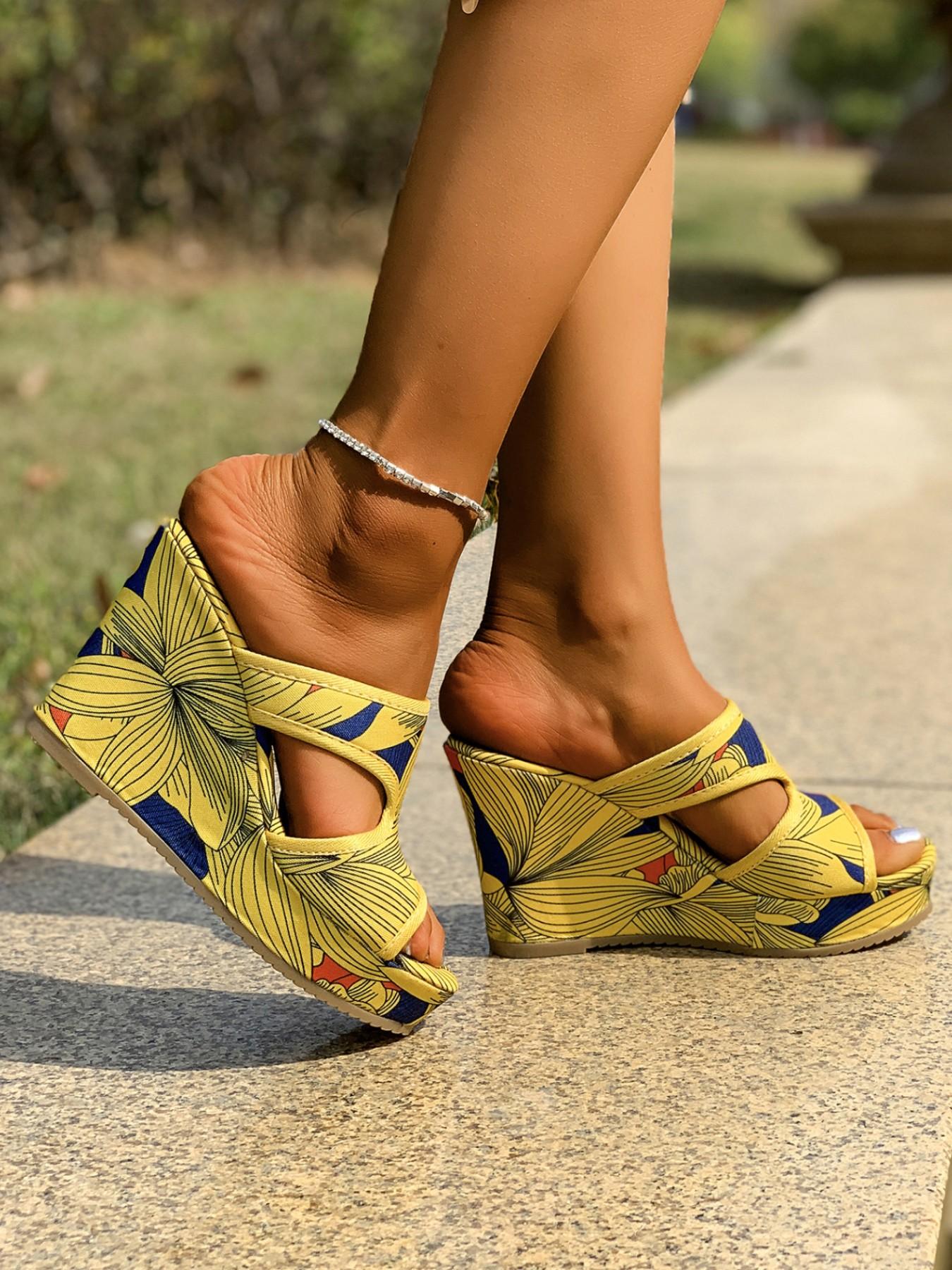 Summer 2026 New Fish Mouth Thick Sole Wedge Sandals, Hollow Out Print Slip-On Big Size Cool Slippers, Sexy Heeled High-Heel Shoes