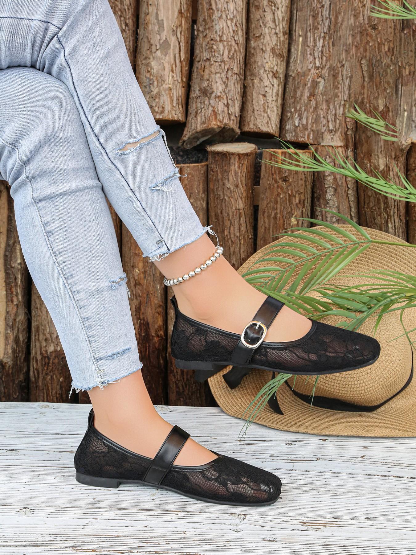 2026 Summer Hollow Out Mesh Square Toe Lace Mary Jane Shoes, Breathable Flat Shoes, Soft Sole Versatile Buckle Single Shoe
