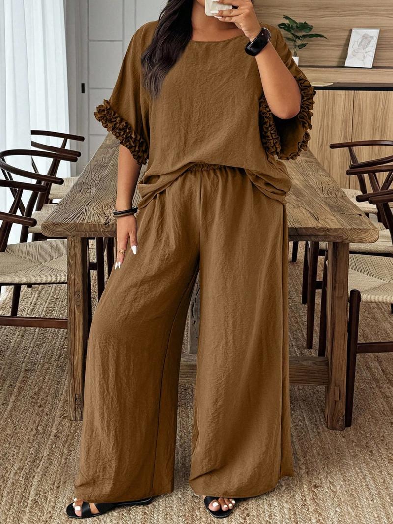 Plus Size Solid Color Round Neck Batwing Sleeve Shirt and Wide Leg Pants Casual Two-Piece Set, Comfortable and Stylish