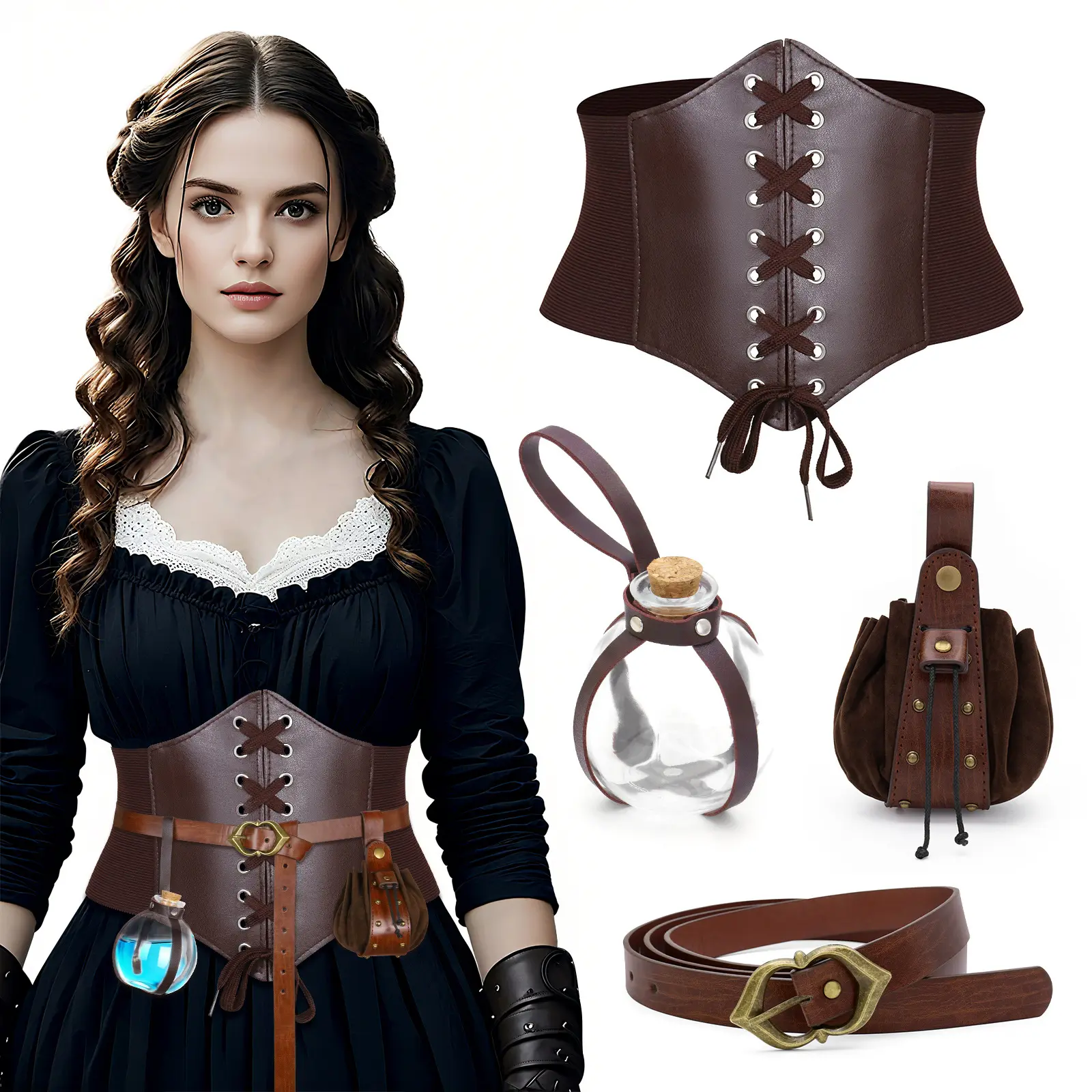 Women's Vintage Slim Adjustable Lace Medieval Renaissance Accessory Set - Brown Elastic Corset Belt, Glass Potion Bottle, Leather Belt, Drawstring Waist Pouch for Pirate LARP Halloween Cosplay (Sports & Outdoor Ball Sports American Football Themed Accent)