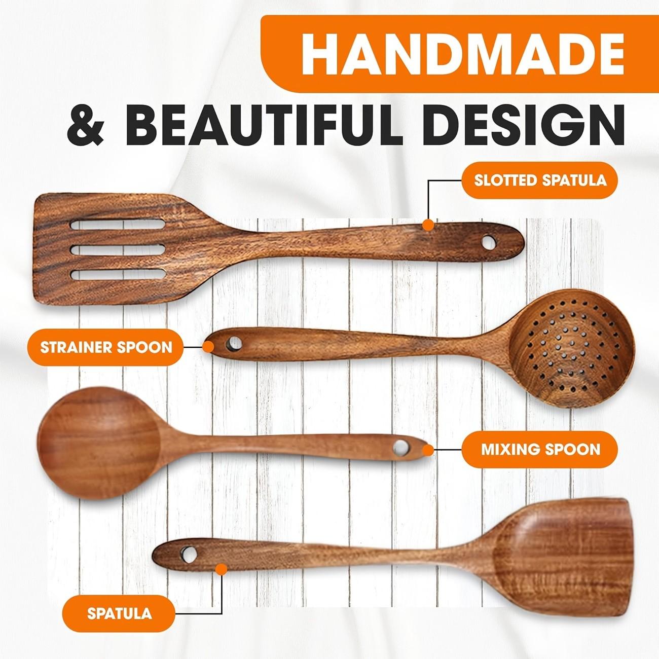 4pcs Premium Wooden Kitchen Utensils Set, Handmade Teak Cooking Tools, Filtering Spoon and Mixing Spoon, Durable Kitchen Tools