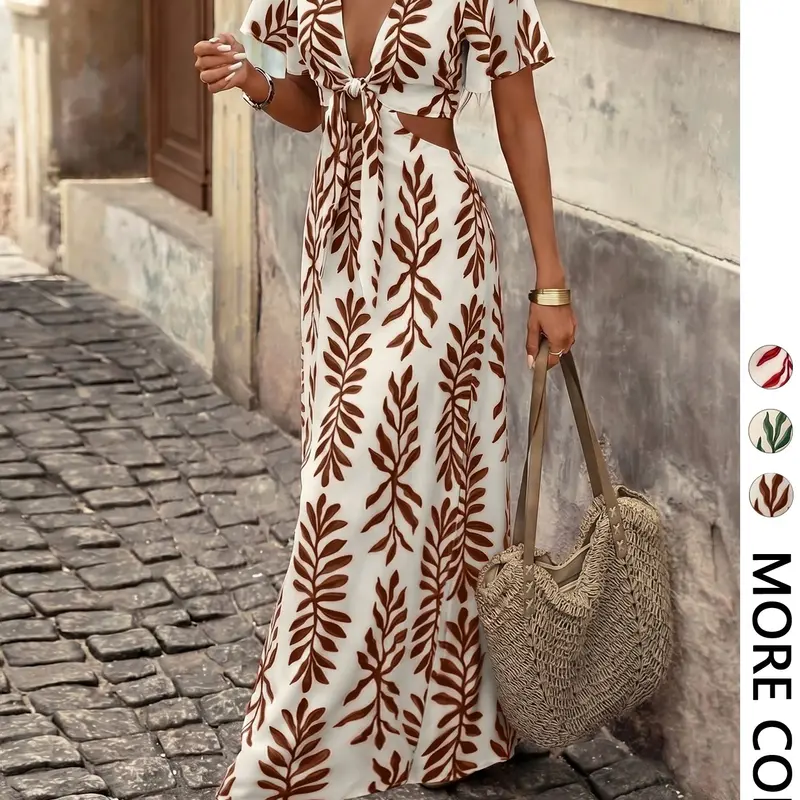 Women's Fashion Casual Elegant Romantic Cutout Print Dress, Casual Wear, Summer Bohemian Style Vacation Dress, Slim-Fitting Floral Pattern, Boho, Casual Boho Chic, Bohemian Aesthetic