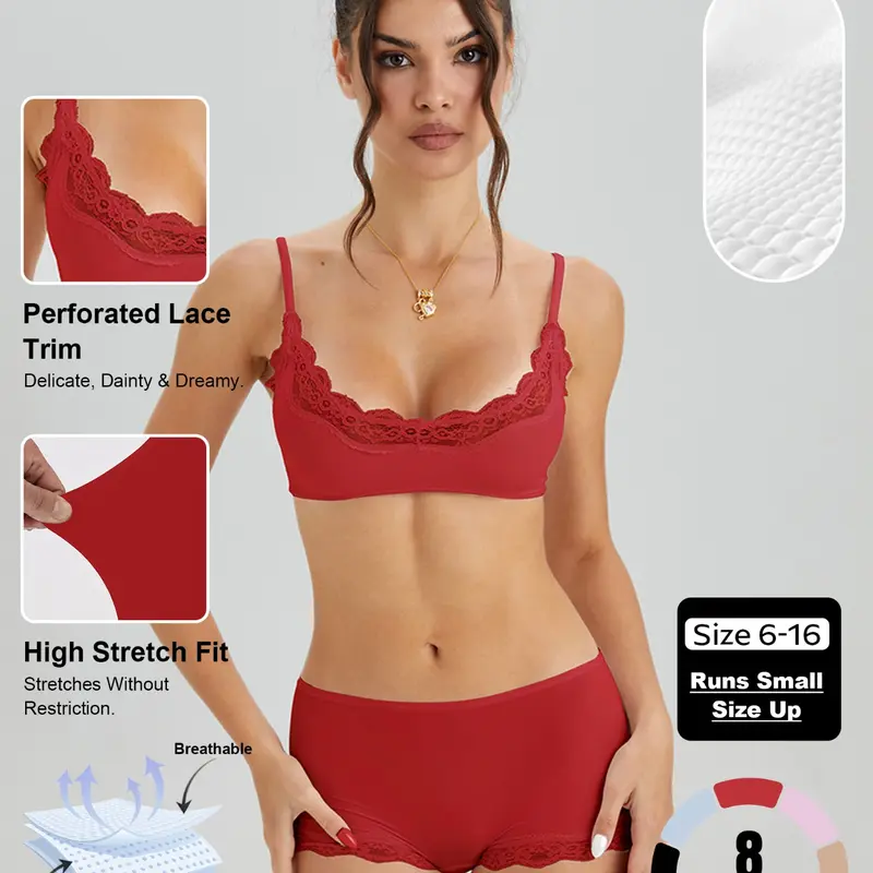 Women's Basic Lace Trim Bra & Low Rise Panties Co-ord, Solid Color Slightly Sheer Adjustable Spaghetti Strap Bralette & Knicker, Seamless Sweat-Wicking Stretch Daily Outfits Underwear Sets #TikTokMadeMeBuyIt #MatchingSet #Bralette