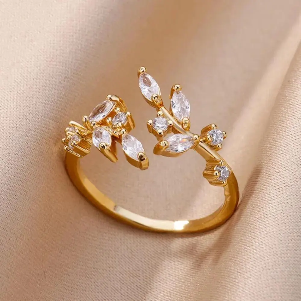 925 Sterling Silver Adjustable Olive Branch Rings for Women Romantic Zircon Open Rings Korean Style Party Fashion Jewelry Gifts