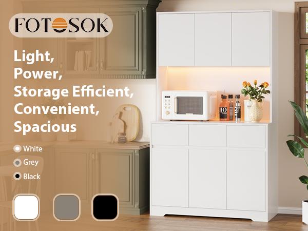 FOTOSOK 71" Modern Black Kitchen Pantry Cabinet with 6 Doors, 3 Drawers, LED Lights, Power Outlets, USB Ports, 39.4" Wx 15.2" Dx 70.9" H