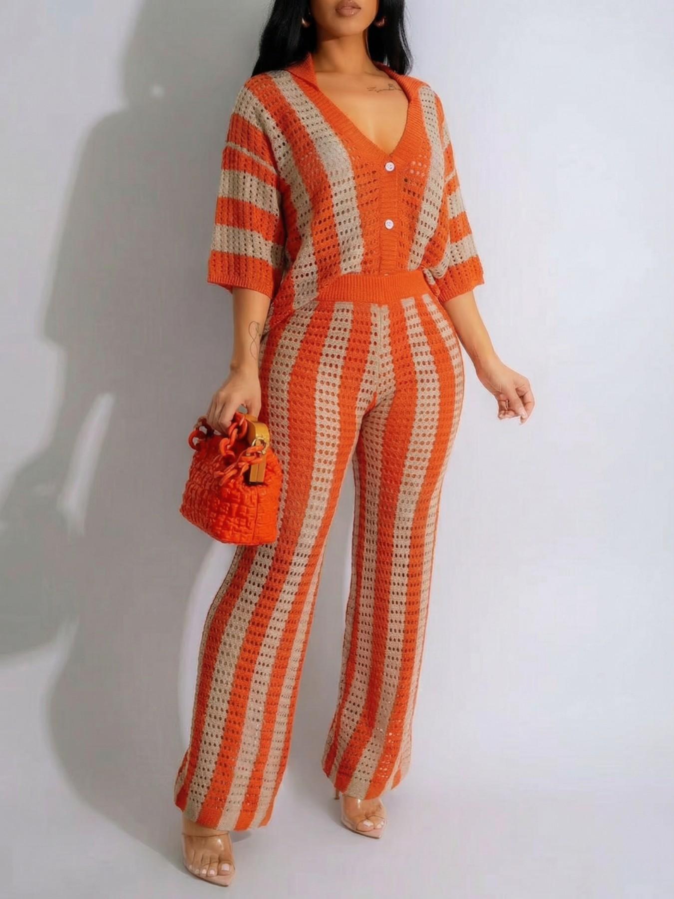 Two-Piece Set Women's Colorblock Striped Print Hollow Out Button Front Top & Wide Leg Pants, Casual Drop Shoulder Collared Top & High Waist Pants for Spring & Summer, Women 2 Piece Outfit, Summer Beachwear Set for Women, Vacation Outfit, Clothing Sets Two-Piece Set Women's Colorblock Striped Print Hollow Out Button Front Top & Wide Leg Pants, Casual Drop Shoulder Collared Top & High Waist Pants for Spring & Summer, Women 2 Piece Outfit, Summer Beachwear Set for Women, Vacation Outfit, Clothing Sets