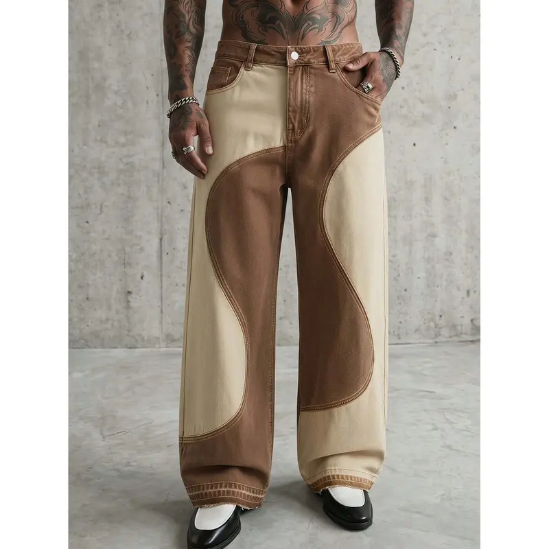 Men's Vintage Patchwork Wide Leg Jeans Brown Beige Color Block Baggy Straight Leg Pants Washed Casual Streetwear Trousers for Men Y2K Retro Daily Wear Travel Weekend Party Relaxed Fit Fashion Bottoms Urban Outfit Stylish Loose Style Modern Looks