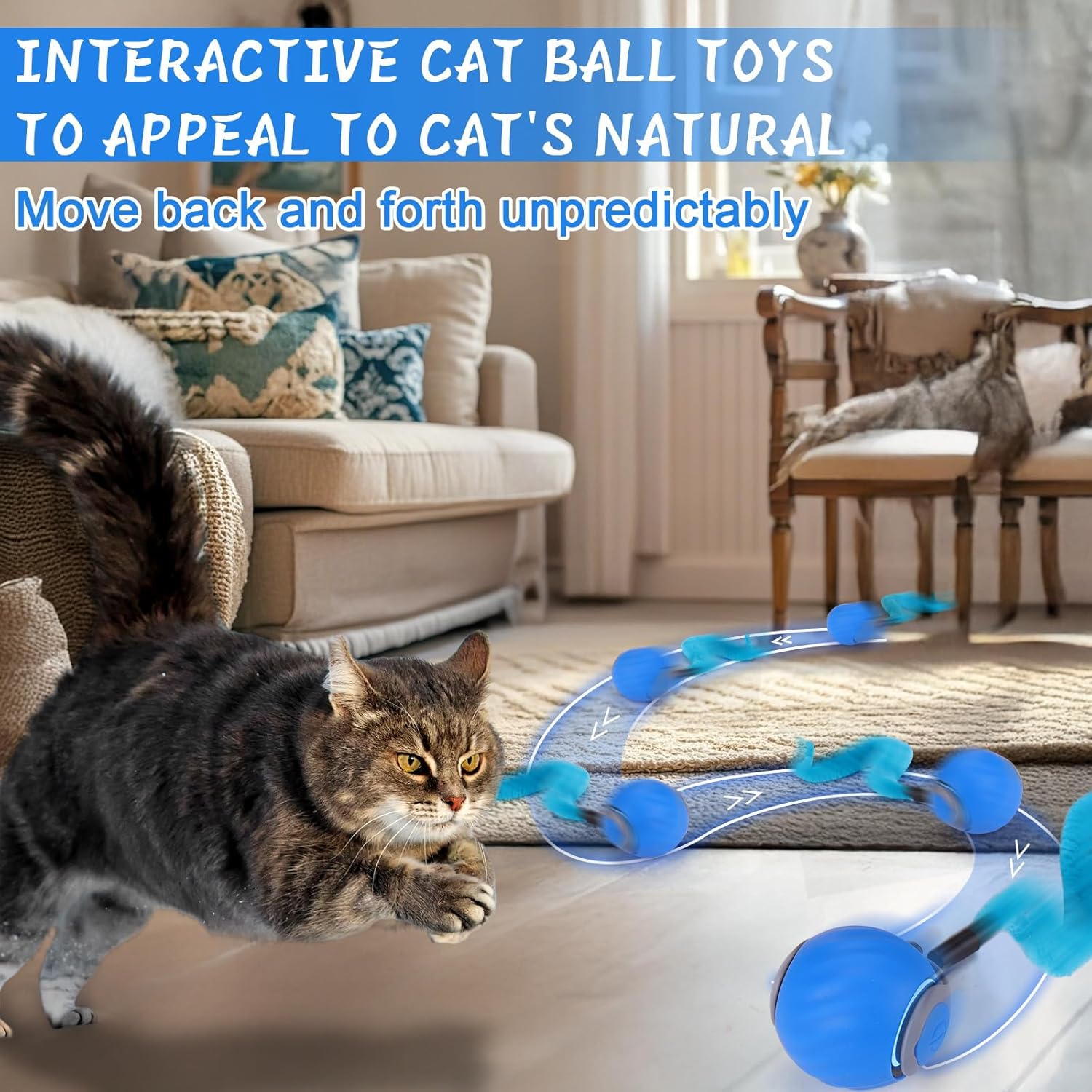 Interactive Cat Toy Ball, Automatic Interactive Pet Toy with Tail, Rechargeable Dual Speed Design for Indoor Cats, Small/medium/large Sizes，Activated with Bird Sound, Tail, Obstacle Avoidance, and Puzzle Features for Indoor Cats | Stimulates Hunting Insti