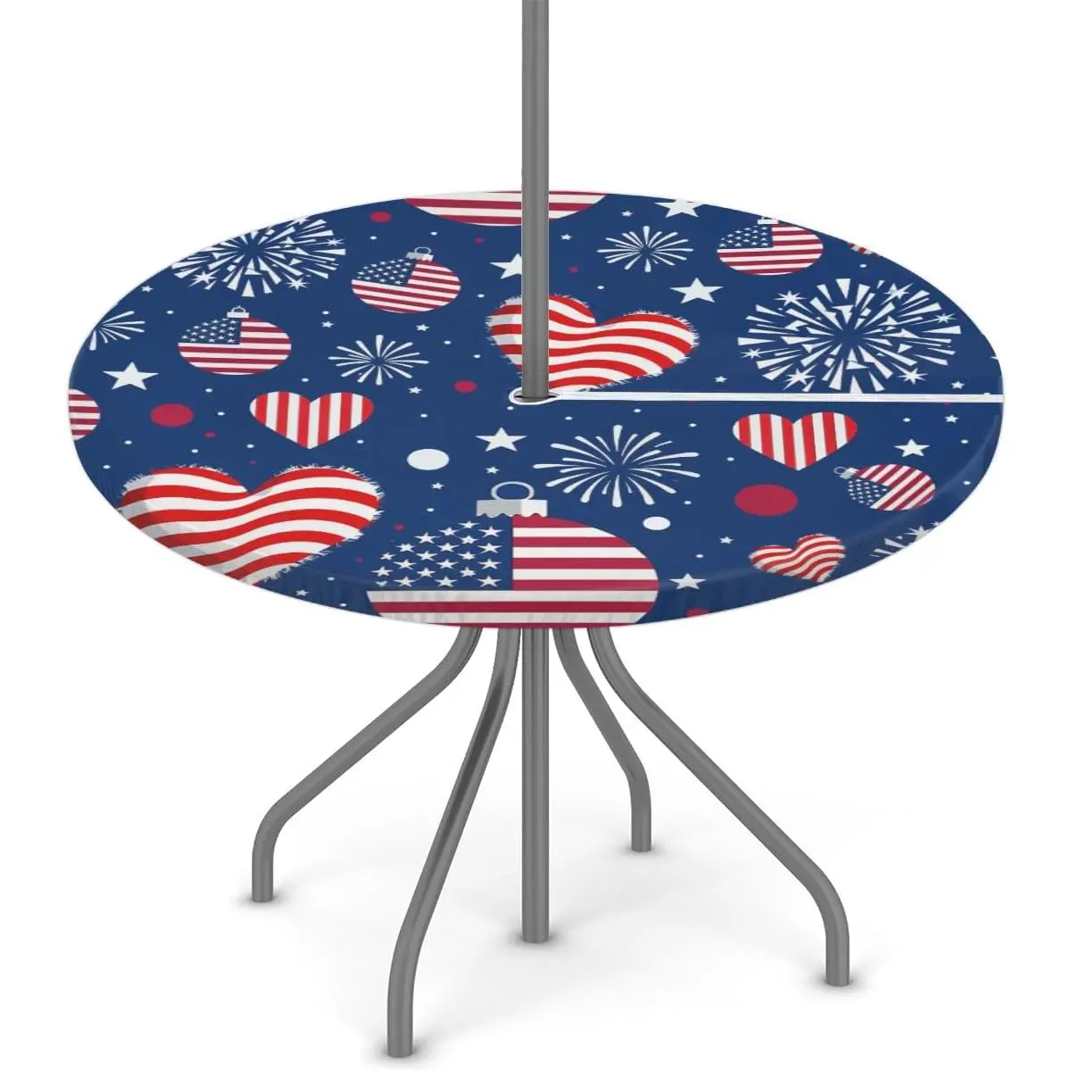 Pardick Blue Round Outdoor Tablecloth with Umbrella Hole, Patriotic Decorations Patio Table Cover Fitted Tablecloth Waterproof Zippered Table Cloth for Party Picnic, Fit for 36"-44" Round Tables